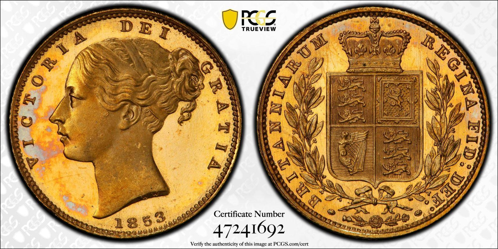 イギリス ソブリン金貨 ヴィクトリア女王 花輪の中に王冠をかぶった盾 1853 PR66 DCAM