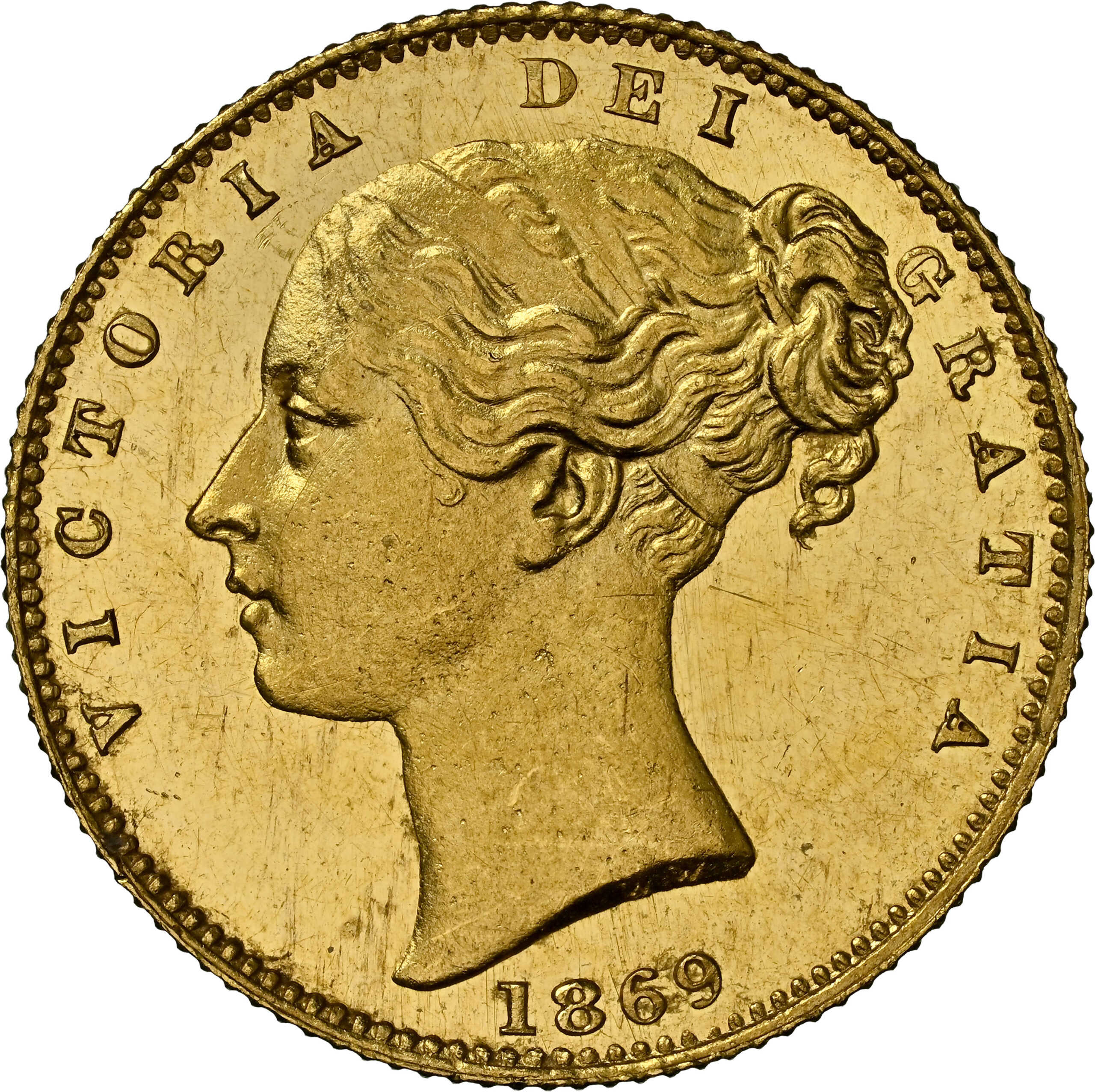 イギリス ソブリン金貨 ヴィクトリア 王冠を戴く英国の四分割盾紋章 1869 NGC SP64 CAMEO