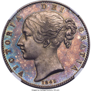 ヴィクトリア・クラウン銀貨 Plain Edge | William Wyon | 王室紋章 | 1845  | NGC PF64 | R6（Extremely Rare）