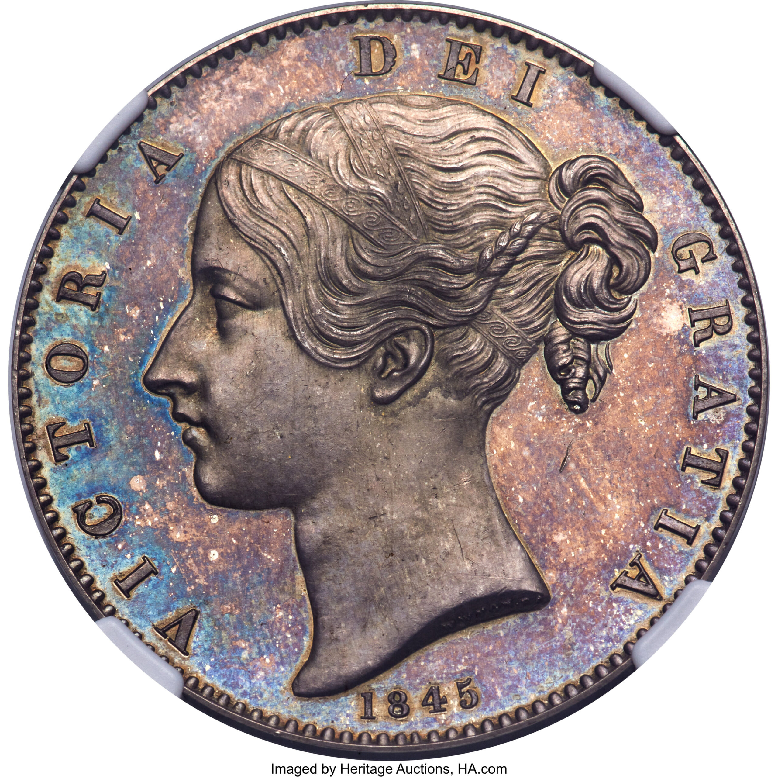 ヴィクトリア・クラウン銀貨 Plain Edge | William Wyon | 王室紋章 | 1845  | NGC PF64 | R6（Extremely Rare）