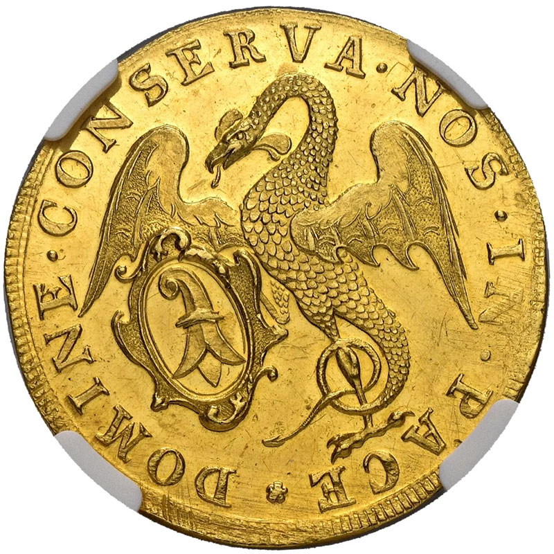 スイス バーゼル 3ダカット金打 DOMINE CONSERVA NOS IN PACE（主よ、我らを平和のうちに守り給え） 1740年 NGC MS61【Top Pop】